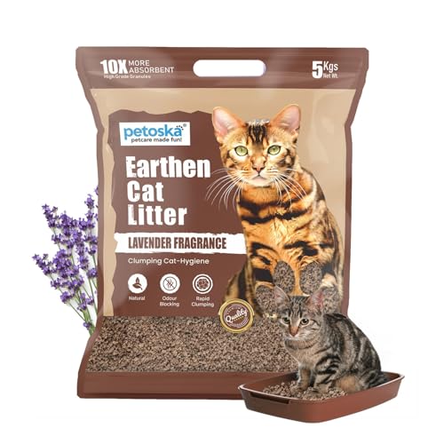 PETOSKA Earthen Cat Litter- 5KG | Lavender Infused | Natural Mineral Granule Litter | Ultra Odour Control | Dust-Free, Soft-Texture & High Absorption | Safe & Eco-Friendly