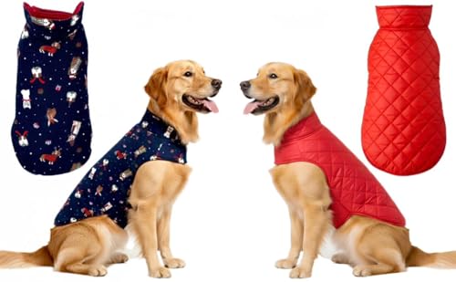 Pets Planet Dog Winter Clothes Reversible Jacket Cat Printed Red Color Design Warm Dog Coat Windproof Pets Cold Weather Wearing (S, 14 Inch)