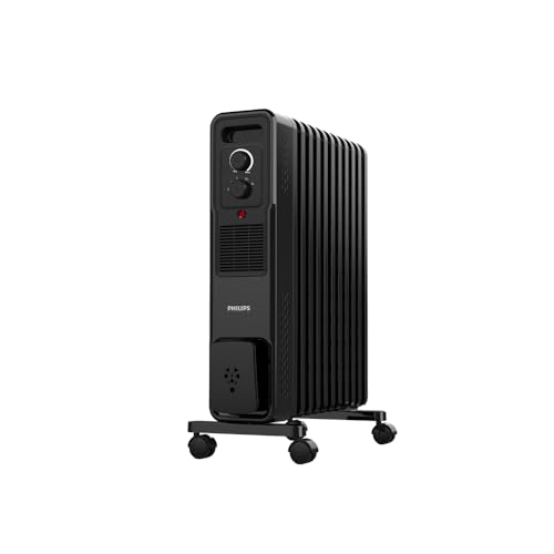 PHILIPS 11 Fin Oil Filled Room Heater (OFR) | M-Shaped fins for faster, uniform heating | Two Knob Controls for temperature & heat modes | Tilt & Auto Shut-Off Safety | PTC Fan Heater for quick warmth