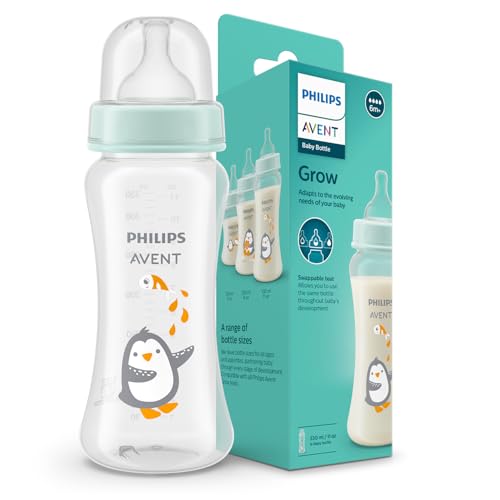 Philips Avent Grow Plastic Feeding Bottle | Anti-Colic | Easy Fill,Easy Clean|BPA Free | with 6M+ Flow Teat | Made in India (330ml) (Penguine with Fishes)