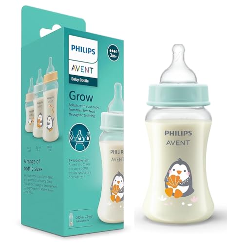 Philips Avent Grow Plastic Feeding Bottle | Anti-Colic | Easy Fill,Easy Clean|BPA Free | with 1M+ Flow Teat | Made in India (250ml) (Penguine with Sea Shell)