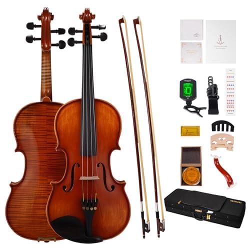 PHOENIX Violin 1/4 Size Set, Fiddle Solid Wood for professional Beginners Adults Kid with Ironwood Octagonal Bow & Rosewood Bow Extra strings & Bridge, 2 Rosins, Tuner, Mute, Case (Natural, 1/4)