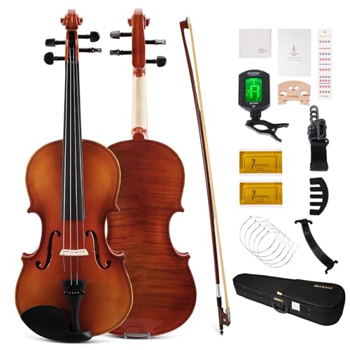 PHOENIX Violin 4/4 Full Size Kit, Violin Fiddle Set for Beginner Adults Student with Rosewood Bow, Extra Strings & Bridge, 2 Rosins, Tuner, Case, Mute, Fingerboard Stickers, Shoulder Rest (1/2)
