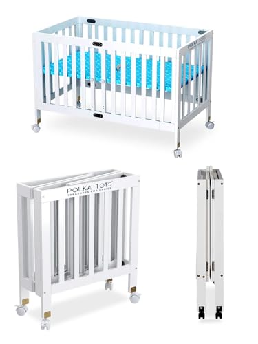 POLKA TOTS Portable & Adjustable Cot for Baby | Wooden Folding Baby Bed with Lockable Wheels | Crib for 0 to 6 Years Infants with 3 Height Settings | Durable Material & Breathable Sides (Up to 28 kgs)
