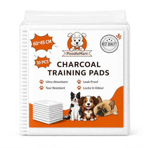 PoodleMart Charcoal Dog Training Pads 60x45 cm | Ultra Absorbent Leak Proof Puppy Pee Pads | Odor Control Activated Charcoal | Quick Dry Potty Pads for Dogs (Pack of 10)