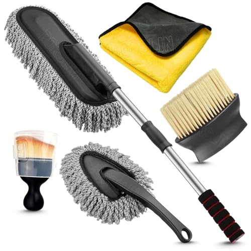 Porslin 5 Pcs Microfiber Car Duster Kit - Extendable Long Handle Car Cleaning Accessories - Interior & Exterior Detailing Brush Set - Scratch & Lint Free,Perfect for Cars,SUVs,Motorcycles,Home,Grey