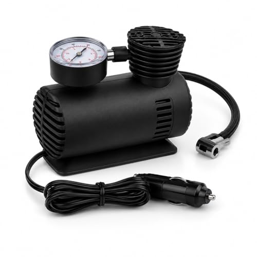 Portable Car Tyre Inflator Air Compressor Pump, 12V DC Heavy Duty Air Pump with Pressure Gauge, Fast Tyre Inflation for Car, Bike, Motorcycle, Bicycle & Sports Equipment, Black