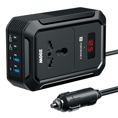 Portronics Car Power III Pro 200W Car Power Inverter with Universal AC Socket, 65W Type-C PD, 30W Type-C PD, Dual 18W USB, Real-Time Voltage Display, 12V Car Plug, Compatible with Laptops & Phones