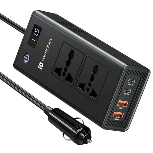 Portronics Zaptor 200W Car Inverter with Dual AC Sockets, 20W Type-C PD, 36W USB-A Ports, Input Voltage Display, AC ON/OFF Switch, Multi-Protection, 6-in-1 Power Converter for Cars & Road Trips(Black)