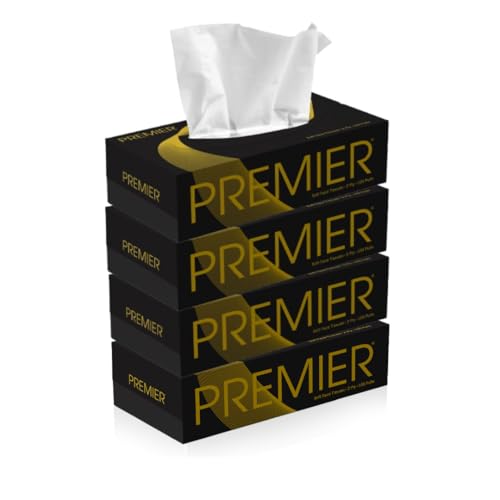 Premier 2-Ply Box Face Tissue Papers – 100 Pulls per Box (Pack of 4, 400 Pulls, 800 Sheets) –Ultra Soft, Gentle & Highly Absorbent Facial Tissues for Home, Office, Car & Travel | Black-Gold