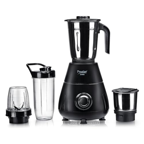 Prestige Apex Blendo 500 Watt Mixer Grinder with 4 Jars (2 Stainless Steel Jars + 2 Nutri Blend) | Super Efficient SS Blades | Black | 2Y Warranty | ISI Certified