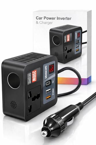 Primate 200W Car Power Inverter 12V DC to 220V AC Converter with 2 AC Universal Outlets, 30W PD USB-C, Dual USB QC 3.0 (18W+15W), Fast Car Charger for Laptop, Mobile & Electronic Devices