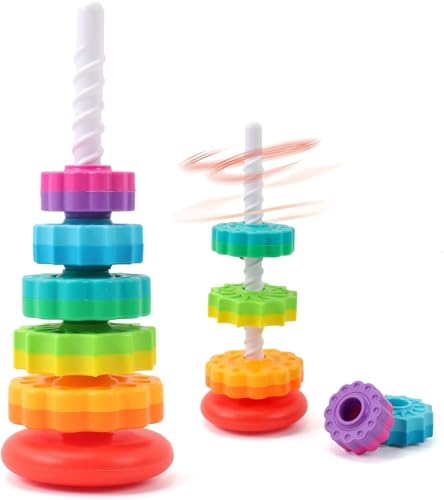 PRIME DEALS Baby Spinning Stacking Ring Toys for Toddlers, Color Ring Sorting and Stacker Montessori for Babies, 1 2 3 Year Old Girl Boy Toddlers Toys Gifts for Kids, Autism Sensory Learning Toy