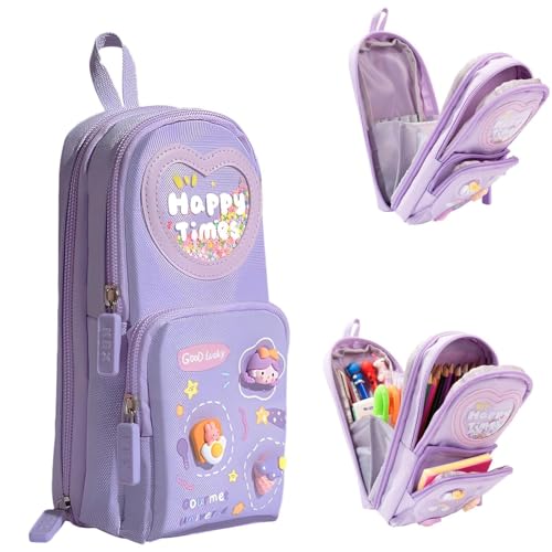 PRIME DEALS Canvas Premium Pencil Case Hang able 6 Layer with 3 Compartment Cute Aesthetic Pencil Case for Girls Large Capacity Pencil Pouch for Kids Cute Stationary Gift for Kids (Purple)