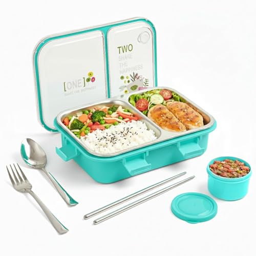 PRIME DEALS Lunch Box 2 Compartment Leak-Proof BPA Free Stainless Steel, Lunch Box for Kids, Lunch Box for School & Office with a Fork, a Spoon and a Pair of Chopsticks (Sky Blue, 2 Compartment)