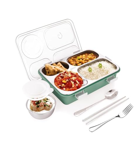 PRIME DEALS Lunch Box Sealed Leakage Proof Stainless Steel Lunch Box with Fork Chopstick&Spoon Lid Office Food Container for School Kids and Adults 750ml (Green, 4 Compartment)