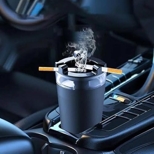 PRIMEPLUS INTERNATIONAL Smokeless Car Ashtray, Black, Plastic and Metal, Cylindrical, with LED Light and Lid, Cup Holder Compatible - 1 pcs