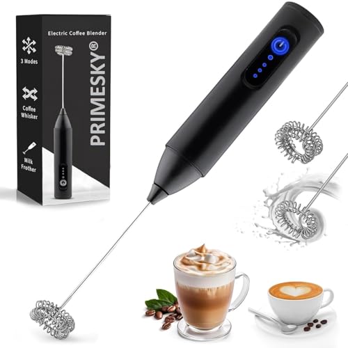 PRIMESKY® Coffee Frother Electric Blender Wand 3 Speed Modes Rechargable Mini Handheld Milk Frother with Stainless Steel Whisk Drink Mixer for Coffee Cappuccinos Matcha Gift - Black