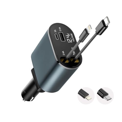 Prolet® 120W 4 in 1 Car Charger with 2 Retractable Cable (Type C & iPhone), 1 USB & 1 Type C Port- Universal Car Charger Compatible with All Android & iPhone Series 17/16/ 15/14/ 13/12/ 11
