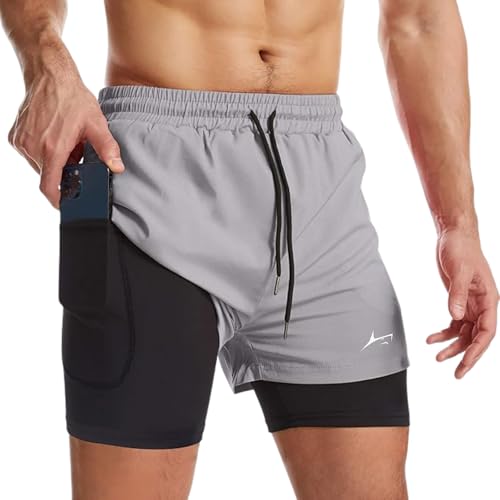 PROSHARX Apex Dual Shorts Advanced with Concealed and Secure Pockets & Towel/T-Shirt Holder | Men's 2 in 1 Double Layer Short for Running, Gym & Sports (in, Alpha, M, Regular, Light Grey)