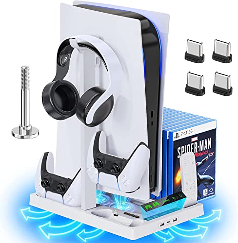 PSS PS5 Vertical Stand with Controller Charging Station & Suction Cooling Fan, Dual Controller Charger Station, Gaming Accessories for PS5 Console with Headset Holder