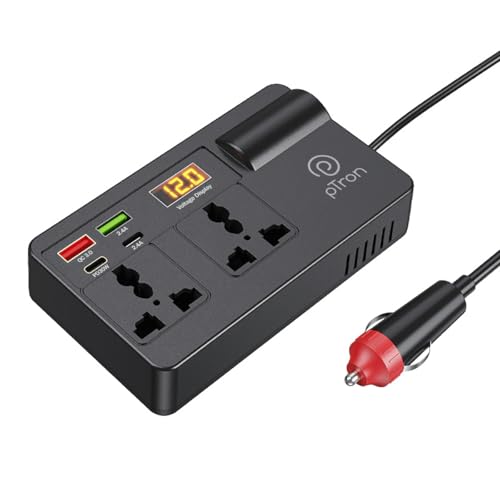 pTron PowerEdge 200W Car Laptop Charger/Car Power Inverter with 2 USB (3A & 2.4A) + 2 Type-C (30WPD & 2.4A), Smart USB Charging Ports, 12V/24V DC to 220V AC, 2X Universal AC Outlet (Black)