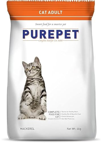 Purepet Adult Dry Cat Food 6kg | Mackerel Flavour | Taurine for Heart Health | Healthy Skin & Coat | Controls Urinary pH | Hairball Protection