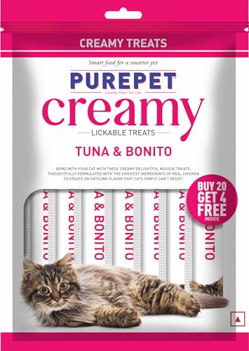 Purepet Creamy Lickable Cat Treats(15g x 24 Pieces) 360g | Tuna & Bonito Flavour | Rich in Protein | Taurine for Heart & Vision | Ideal for Training | Promotes Hydration| for Kitten & Adult Cats