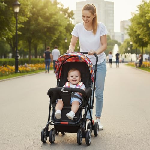 R for Rabbit Lollipop Lite Baby Stroller for 0 to 3 Years with 5 Point Safety Harness | Reversible Handlebar | Cushioned Seat with 3 Level Seats Recline/Lightweight Pram for Kids (Black Multi)