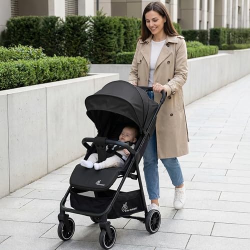 R for Rabbit Poppins Neo Baby Stroller/Pram for 0-3 Years Newborn Kid | Foldable Design with 5-Point Safety Harness, Cushioned Seat, Smooth Suspension & Linked Brakes, 360° Swivel Wheel (Pure Black)