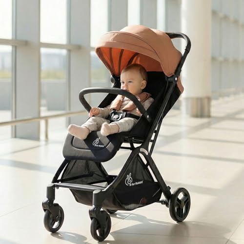 R for Rabbit Street Smart Ace Auto Fold Stylish Newborn Baby Stroller| Aluminum Frame Pram One Click Fold |Travel Friendly Cabin Trolley Stroller for 0-3 Years Kids||(Peach Black)