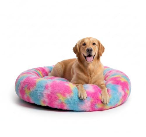 Rainbow Plush Round Dog Bed | Ultra Soft Donut Pet Bed for Dogs & Cats | Anti-Slip Bottom Calming Pet Cushion | Washable Soft Pet Bed (Small, Multicolor)