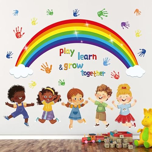 Rainbow Wall Sticker with Children and Handprints, Play and Learn Grow Together Theme, Colorful Nursery Decor (Small)