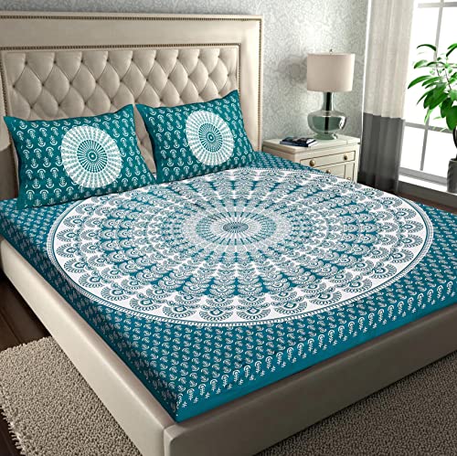 RajasthaniKart® Pure 100% Cotton Double Bed Sheet with 2 Pillow Covers (Bedsheet for Double Bed Cotton, Green Rangoli)