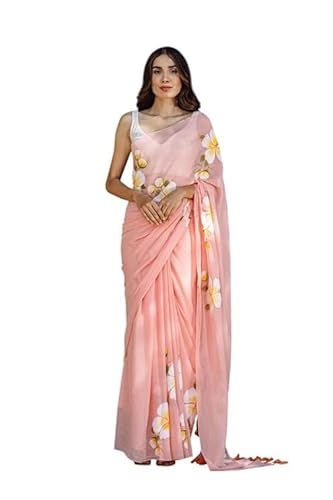 Rajeshwar Fashion (Women's Linen Cotton saree with digital floral print and latkan work | casual wear | Linen cotton | flower design | Unstitched blouse | Peach