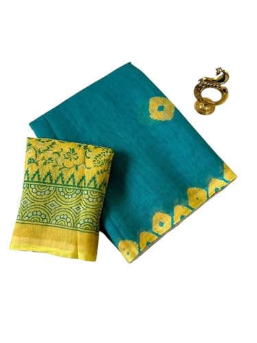 Rajeshwar Fashion (Women's Linen Cotton saree with digital bandhani print and latkan work | casual wear | Linen cotton | flower design | Unstitched blouse |firozi rama teal green