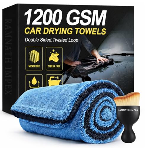 RAMNATH 1200 GSM Premium Microfiber Car Cleaning Cloth 60x40cm | Ultra Absorbent Twisted Loop Drying Towel | Lint-Free & Scratch-Free Car Drying Cloth for Detailing, Polishing & Washing