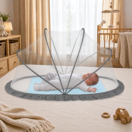 RAMVIK Baby Mosquito Net, Mosquito Net for Baby 0-12 Months, Foldable Portable Mosquito Net for Baby with Breathable Mesh, 360° Protection, Bottomless Design,135 x 65 x 65 cm (Grey)