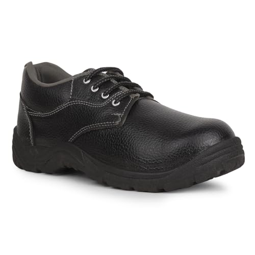 Red Pigeon Safety Shoes for Men | Steel Toe Work Shoes | Anti-Slip & Oil Resistant | Leather Industrial Safety Footwear | Comfortable & Durable for Construction, Factory & Warehouse (Black, UK Footwear Size System, Adult, Men, Numeric, Medium, 8)