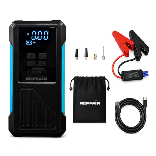 Reffair AirSwift100 4-in-1 Jump Starter (800A Peak - 8L Gas/5L Diesel), Portable Tyre Inflator (150 PSI, 22L/Min), 8000mAh Power Bank, LED Emergency Light – BIS Certified, Compact with Bag