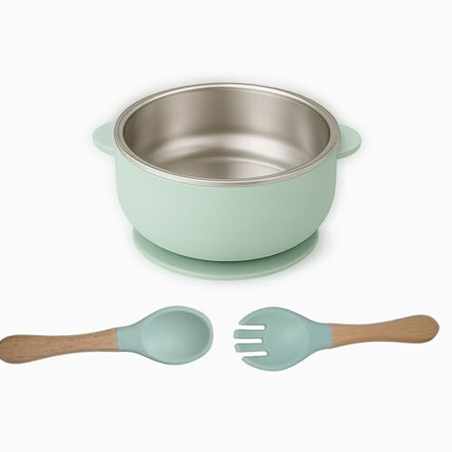 RENVA Set of 2 Silicone Baby Spoons and Forks + Suction Baby Bowls for Baby Food Feeding, Non-Toxic, Non-Slip, Dishwasher Safe.(Green, Bowl + Spoon)