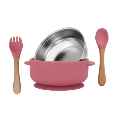 RENVA Stainless Steel Baby Bowls with Suction, 2-in-1 SUS304 Toddlers & Removable Silicone Suction Kids Bowl Anti Scald Non Toxic Snack Container for Baby Food Feeding. (Bowl + Spoon, Pink)