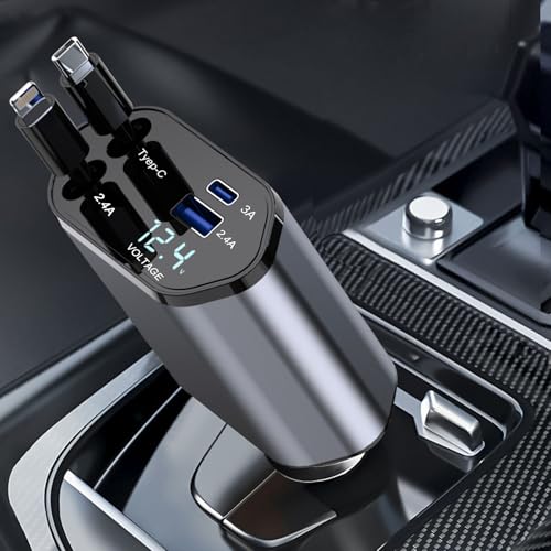 Retractable Car Charger, 100W Fast Charging 4 in 1 Phone Charger Adapter, Retractable Cables (2 Feet) for iPhone and Type C, Cigarette Lighter Adapter