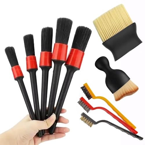 Rexmon 10pcs Auto Car Detailing Brush Set,Car Interior Cleaning Kit,Including 5pcs Car Detailing Brushes, 3pcs Wire Brush and 2pcs Different Soft Bristle dusting Brush for car Interior