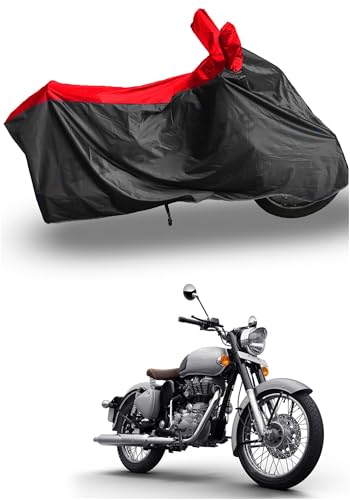 RiderShine Waterproof Tested Bike Cover Compatible with Classic 350 | with Storage Bag | Dust Heat Protection | 5-Thread Interlock Stitching | Motorcycle Cover Bike Accessories(Black Red)