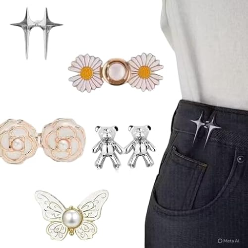 Riyenio Butterfly Shape Adjustable Waist Clip Button for Jeans and Dresses, Metal Pin Button with Pearl Design, Removable No-Sew Waist Fastener (sillver)