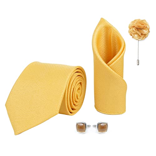 RIZORO Tie for Men – Geometric Silk Neck Ties Set with Cufflinks Flower Pin, Pocket Square & Black Gift Box, Combo Necktie Sets for Office Wear, Formal Suits & Weddings (Gold Yellow, SIDIYLRX)