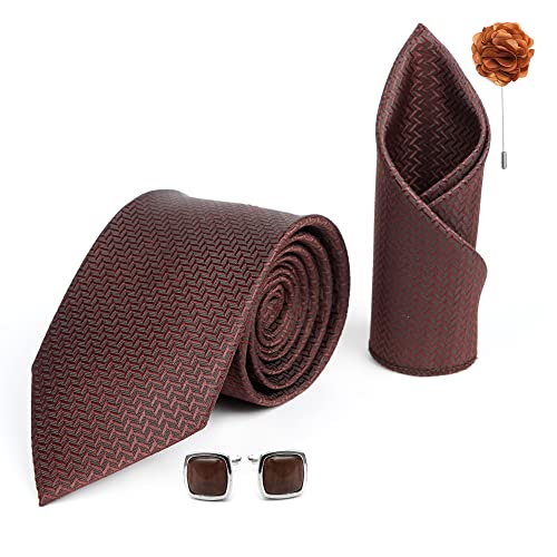 RIZORO Tie for Men – Self Silk Neck Ties Set with Cufflinks Flower Pin, Pocket Square & Black Gift Box, Combo Necktie Sets for Office Wear, Formal Suits & Weddings (Brown, SIDIBNRX)