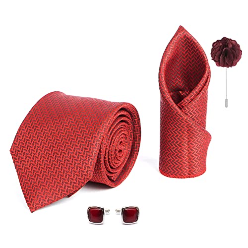 RIZORO Tie for Men – Self Silk Neck Ties Set with Cufflinks Flower Pin, Pocket Square & Black Gift Box, Combo Necktie Sets for Office Wear, Formal Suits & Weddings (Red, SIDIRDRX)