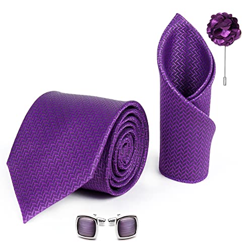 RIZORO Tie for Men – Self Silk Neck Ties Set with Cufflinks Flower Pin, Pocket Square & Black Gift Box, Combo Necktie Sets for Office Wear, Formal Suits & Weddings (Purple, SIDIPLRX)